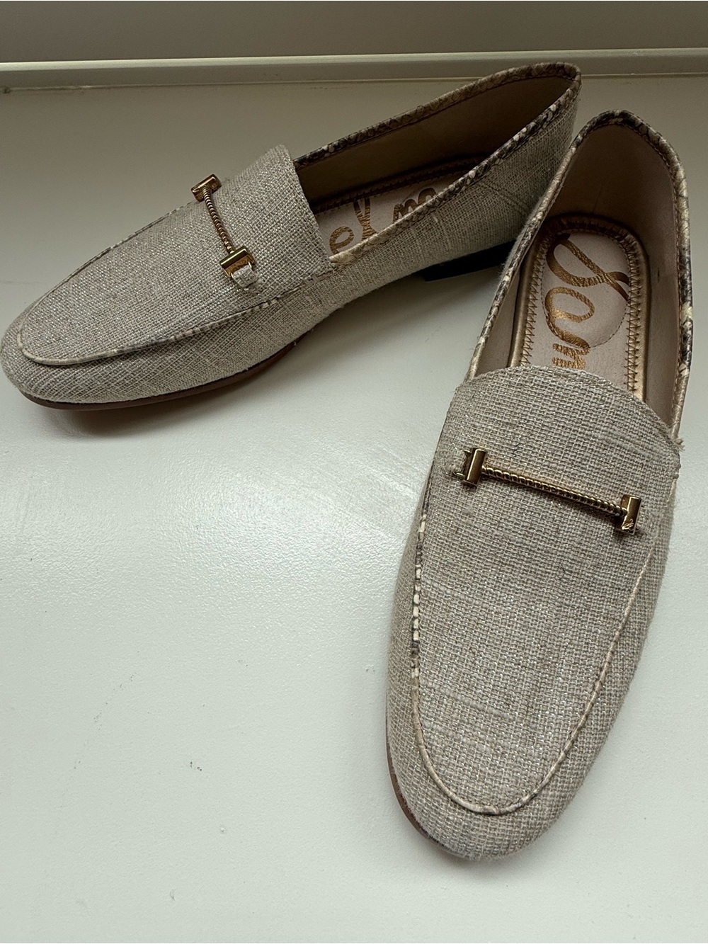 Sam Edelman Beige Linen-Texture Loafers with Gold Bit